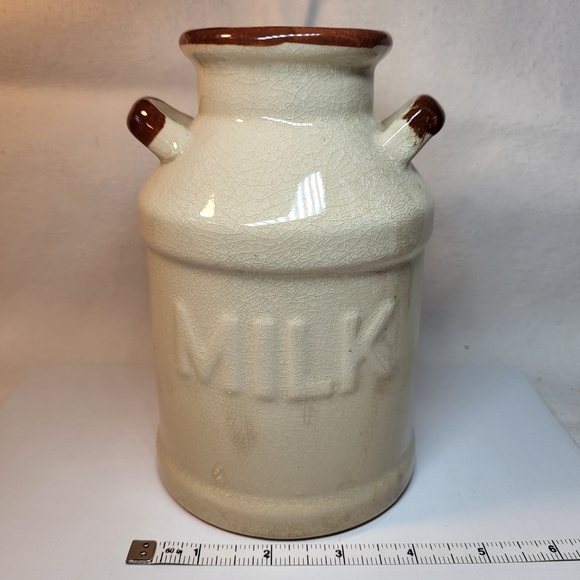 Milk Can Jug VASE Ceramic Handles 7" Tall Design Country Farmhouse Cream Browns - Picture 3 of 12